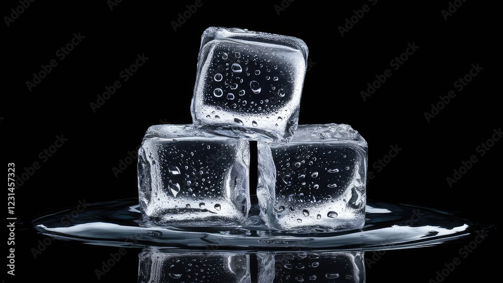 Aufkleber three clear ice cubes stacked in a pyramid on a reflective surface with water droplets against a dee