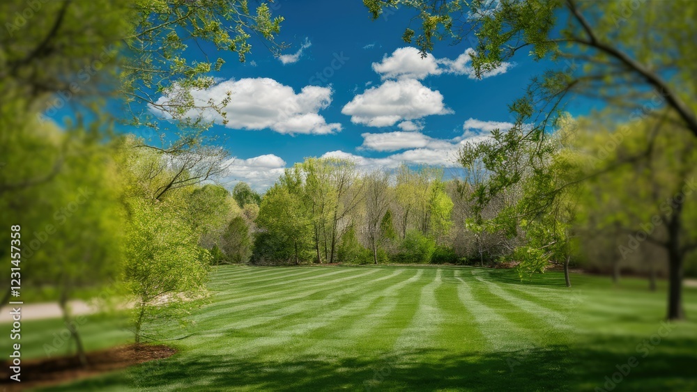 Poster lush green lawn with striped patterns under a bright blue sky featuring fluffy clouds surrounded by 