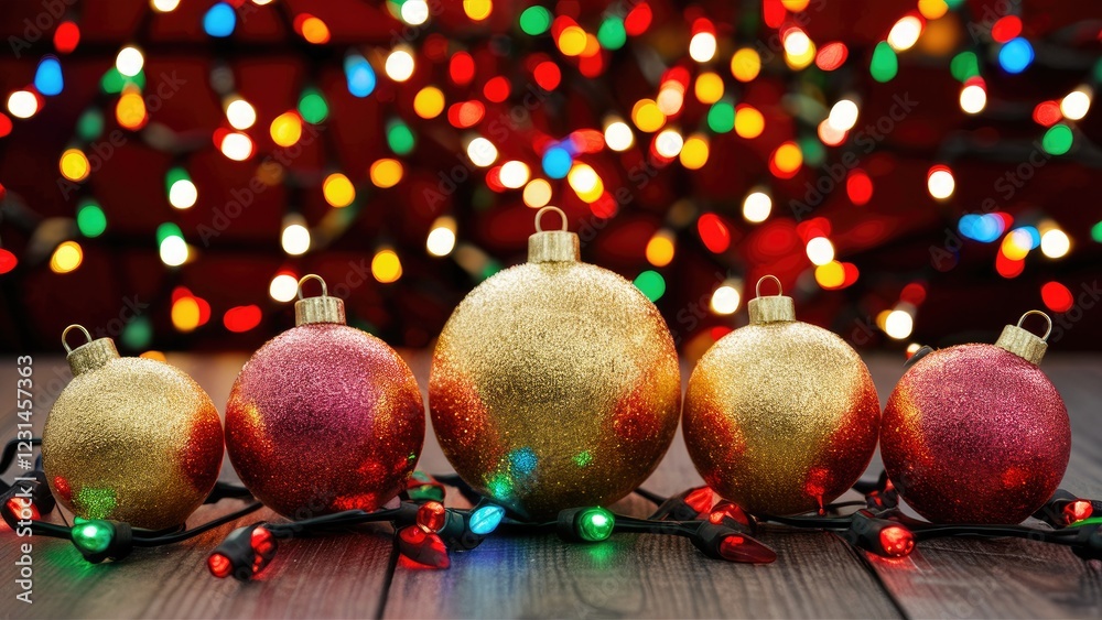 Poster colorful christmas ornaments in gold and red arranged in a row with a blurred backdrop of multicolor