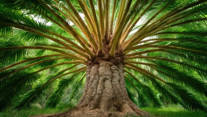 Majestic tropical tree with wide, sweeping fronds in vibrant green, viewed from ground level, showcasing textured bark and lush surroundings.