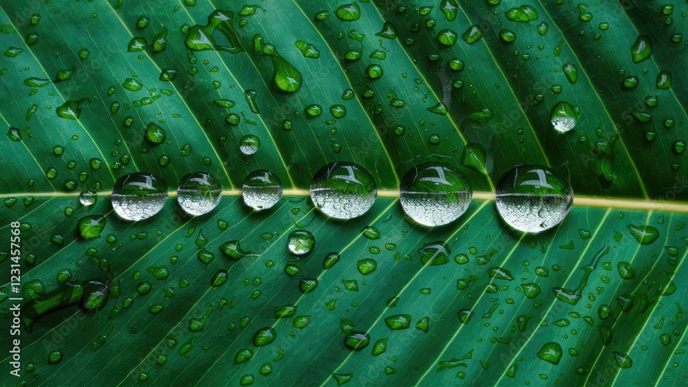 Poster vibrant green leaf with symmetrical water droplets arranged in a line showcasing intricate textures 