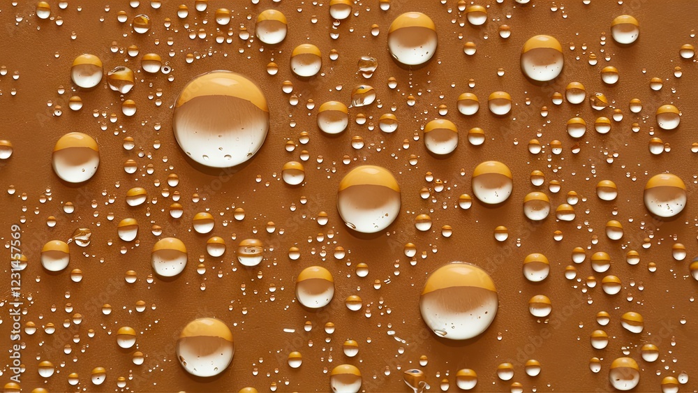 Leinwandbilder water droplets of various sizes scattered on a light brown surface reflecting soft light creating a 