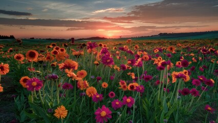 Obraz premium Vibrant field with blooming orange and pink flowers under a sunset sky; lush green grass and distant hills in a serene summer landscape.