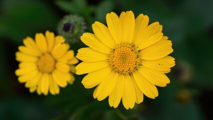 Yellow chamomile heliopsis flowers in full bloom with vibrant yellow petals surrounded by lush green foliage in a tranquil garden setting