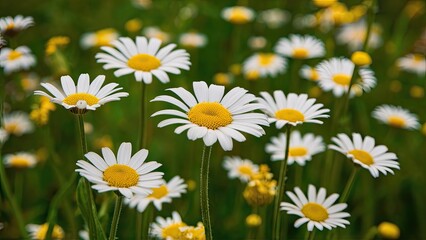 Fototapeta premium Closeup of vibrant white camomiles with yellow centers against a lush green background, capturing the essence of a natural wildflower setting.