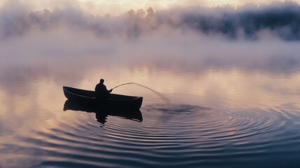 Misty morning scene of a fisherman casting a net from a wooden boat, creating ripples in the water.