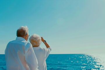 Elderly caucasian couple enjoying ocean view on a sunny day
