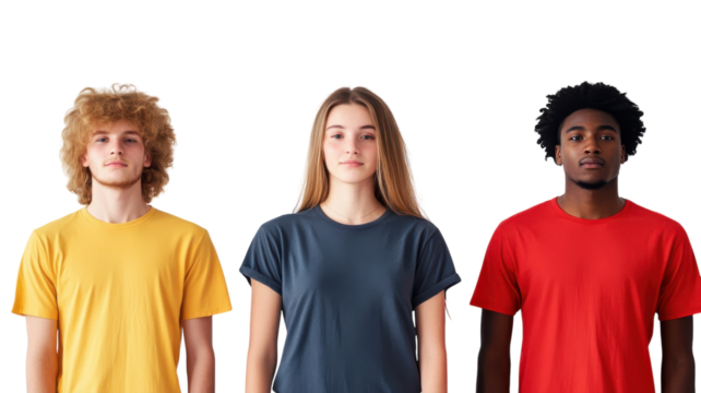 Three young adults standing in bright, solid colored shirts against a white backdrop, showcasing a casual style