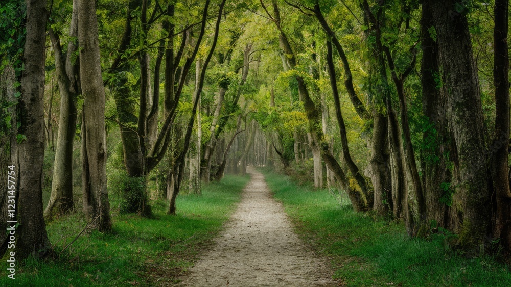 Aufkleber Serene wooded trail with lush green trees arching over a sandy path, creating a tranquil atmosphere in a vibrant forest setting.