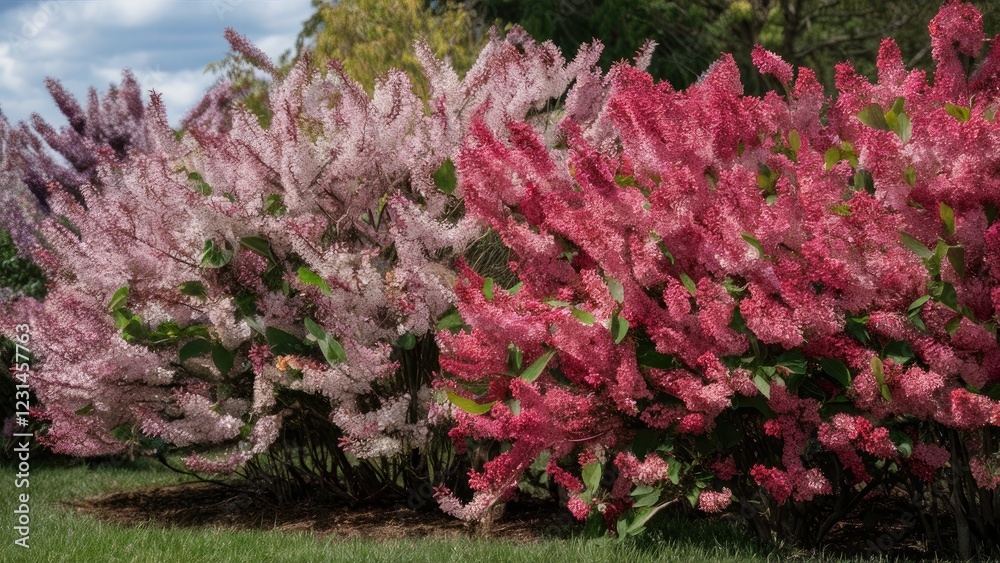 Aufkleber vivid lilac and pink flowering bushes in full bloom under a clear sky with green grass in the foregr