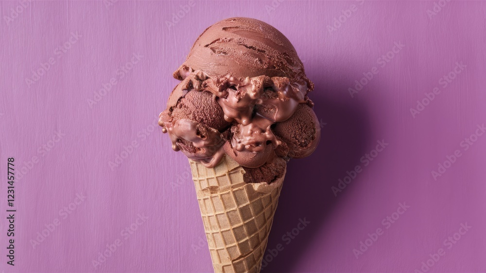 Poster chocolate ice cream cone with textured scoops topped with chocolate flakes against a vibrant purple 