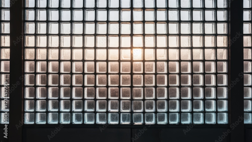 Poster morning sunlight casts a warm glow through a grid of translucent glass blocks creating a serene ambi