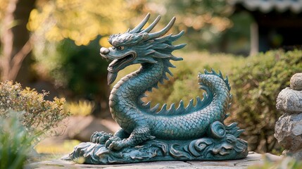 Fototapeta premium Serene Bronze Dragon Statue: A Symbol of Power, Wisdom, and Ancient Chinese Culture