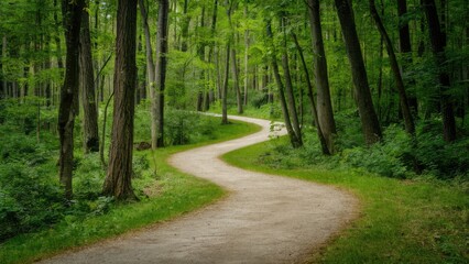 Fototapeta premium Winding dirt pathway through lush green forest with tall trees on both sides creating a serene and tranquil nature landscape scene