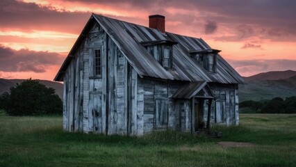 Obraz premium Weathered wooden house with a rustic charm against a vibrant sunset background, showcasing gray walls and a green grassy foreground.