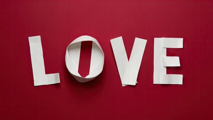White letters spelling LOVE crafted from paper strips arranged on a deep red background with a curled paper element positioned in the center