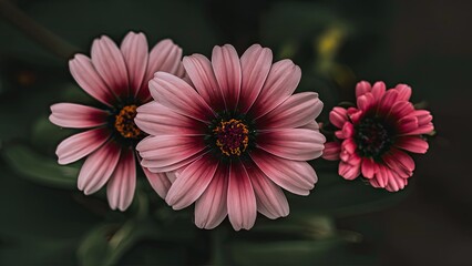 Obraz premium Pink daisies with dark green leaves, foreground flowers in full bloom, background flowers slightly smaller, showcasing a soft contrast in colors.