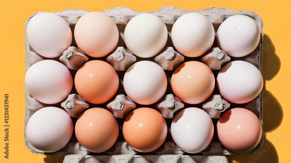Aufkleber arrangement of thirty assorted chicken eggs in a cardboard tray on a bright yellow background viewed