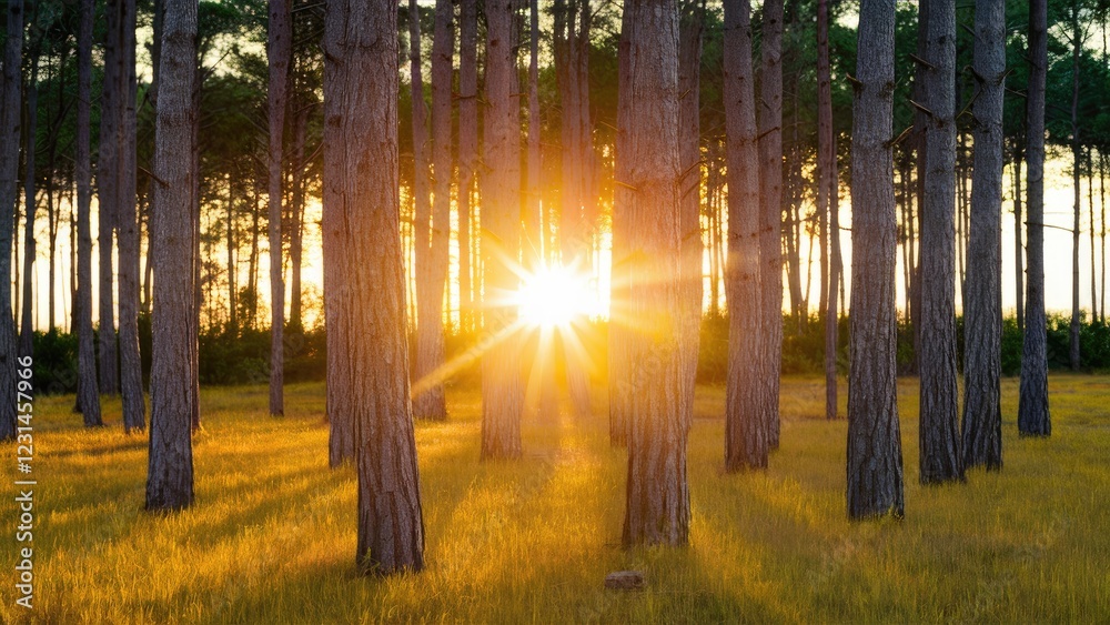 Poster golden sunset illuminating a serene pine forest with tall trees and vibrant yellow grass creating dr