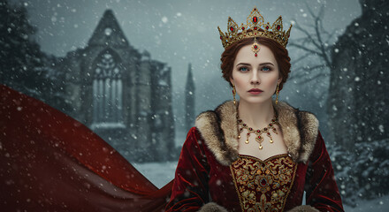 Obraz premium A Queen in Winter's Embrace: A regal portrait of a queen in a snow-covered landscape