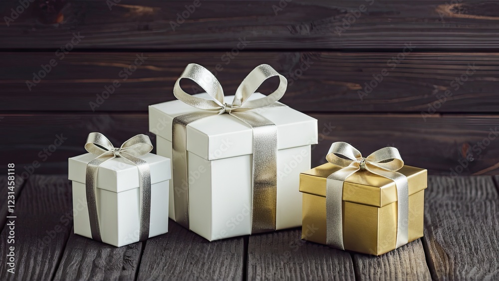 Poster elegant white and gold gift boxes arranged on a dark wooden table with a rustic background showcasin