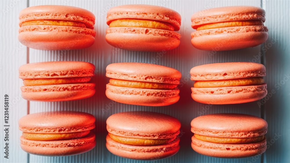 Poster delightful orange macarons arranged in two rows on a white wooden surface showcasing a soft pastel a