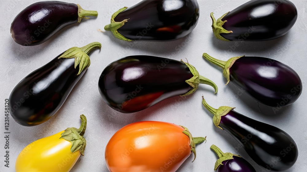 Poster various shapes and colors of aubergines and eggplants arranged on a light grey background with ample