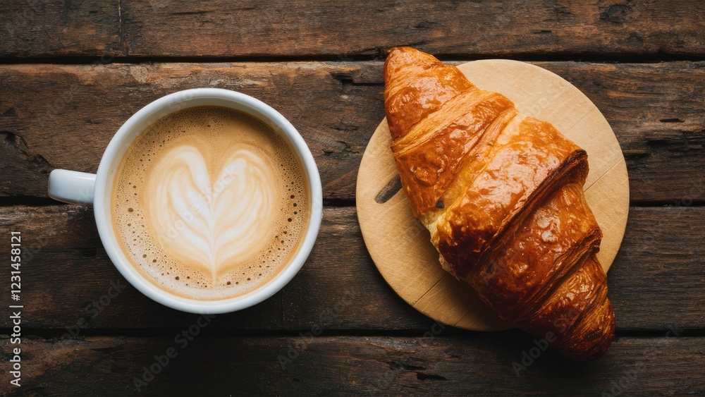 Poster breakfast scene featuring warm coffee with heart latte art in a white mug and a flaky cheesy croissa