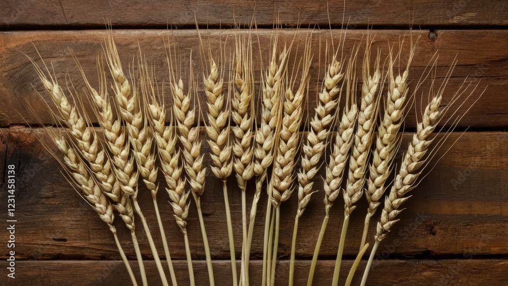 Poster Wheat spikelets in a layered arrangement on a rustic wooden table with brown tones and natural texture showcasing agricultural beauty.