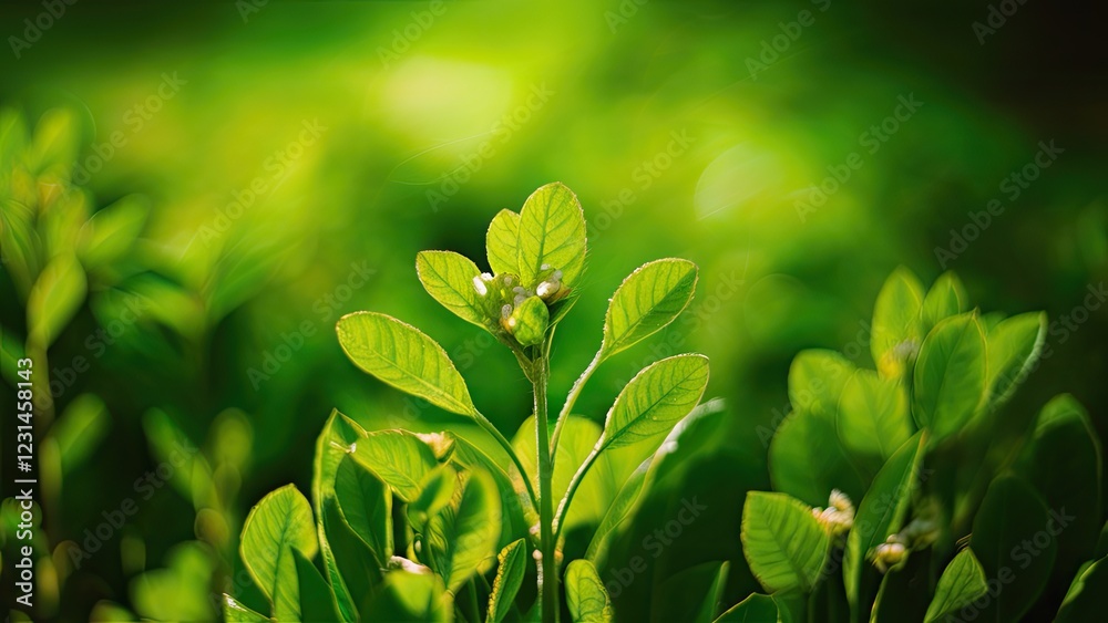 Leinwandbilder fresh green foliage with sunlight filtering through, creating a soft bokeh effect, focused on a sing