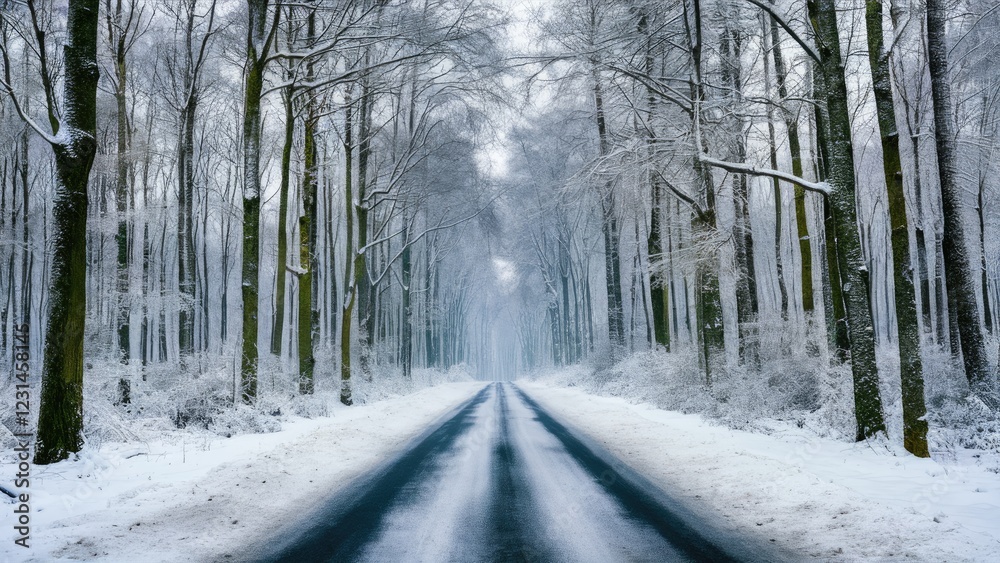 Poster serene winter road lined with snow-covered trees in a tranquil forest scene featuring soft gray and 
