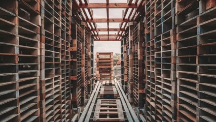 Fototapeta premium Wooden pallets arranged vertically at a construction site with a central pathway, featuring a mix of brown and gray tones under a bright sky.
