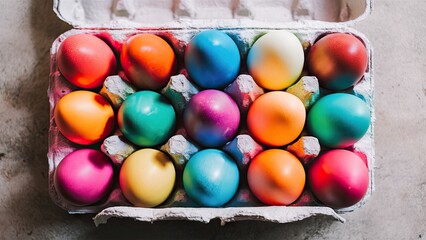 Colorful egg assortment in a carton featuring orange, pink, blue, and purple eggs arranged in three rows on a gray textured background.