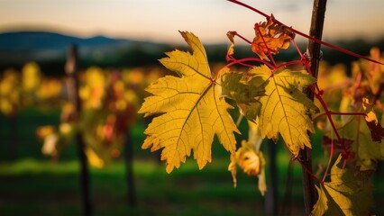 Obraz premium Vibrant yellow vine leaves in vineyards during late autumn with blurred green background and soft golden sunset light illuminating the scene