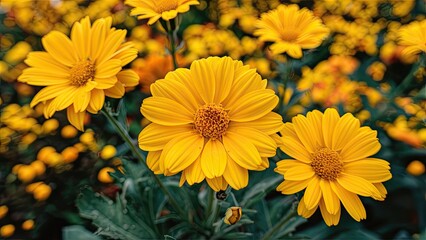 Fototapeta premium Bright yellow flowers in focus with a blurred colorful background of yellow blooms, featuring vibrant green leaves and a soft bokeh effect.