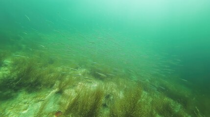 Fototapeta premium Underwater School Of Fish Above Green Algae Seabed