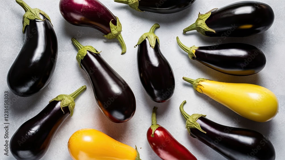 Poster assorted aubergines in varying shapes and colors including purple yellow and red arranged artistical