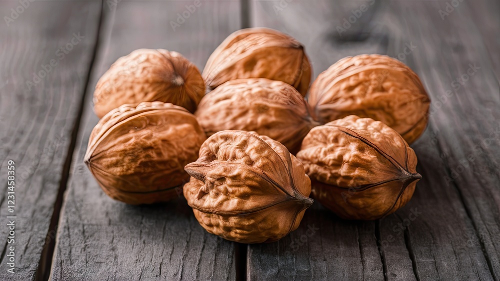 Aufkleber Walnuts arranged in a cluster on a rustic wooden surface with a shallow depth of field emphasizing their textured shells and natural colors.