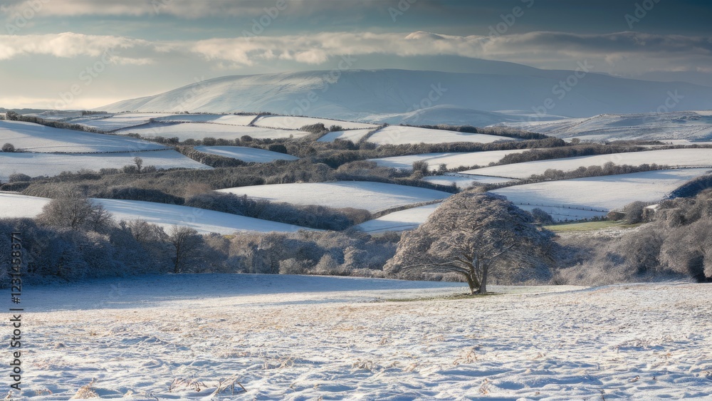 Poster serene winter landscape with rolling snow-covered hills and a solitary tree in the foreground, featu