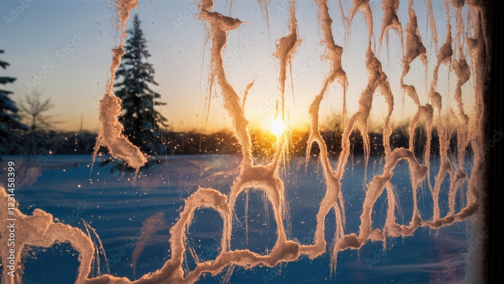 Aufkleber intricate snow patterns adorn a window at sunset with warm golden hues illuminating the scene, featu