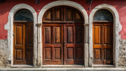 Obraz premium Elegant vintage wooden doors in rich brown tones with arched stone frames set against a rustic red wall showcasing timeless architectural beauty.