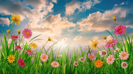 Fototapeta premium Vibrant summer landscape with lush green grass and colorful blooming flowers in foreground, against a bright sky with fluffy clouds above.