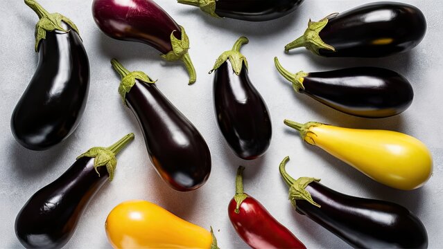 Assorted aubergines in varying shapes and colors including purple yellow and red arranged artistically on a light grey background with ample space