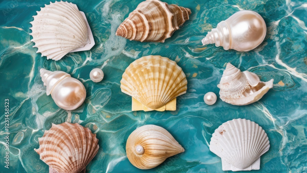 Poster colorful close-up of various seashells and pearls on vibrant turquoise water surface with some subme