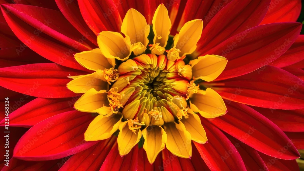 Aufkleber close-up of a vibrant red and yellow flower with intricate petal details and a dark background enhan