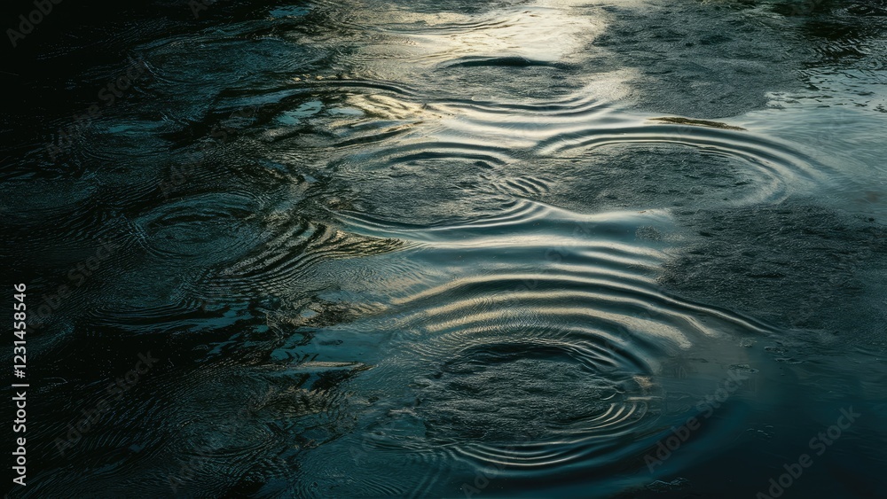 Aufkleber Rippling surface of a dark river with reflections in shades of blue and gray, featuring concentric circles from droplets against a smooth texture