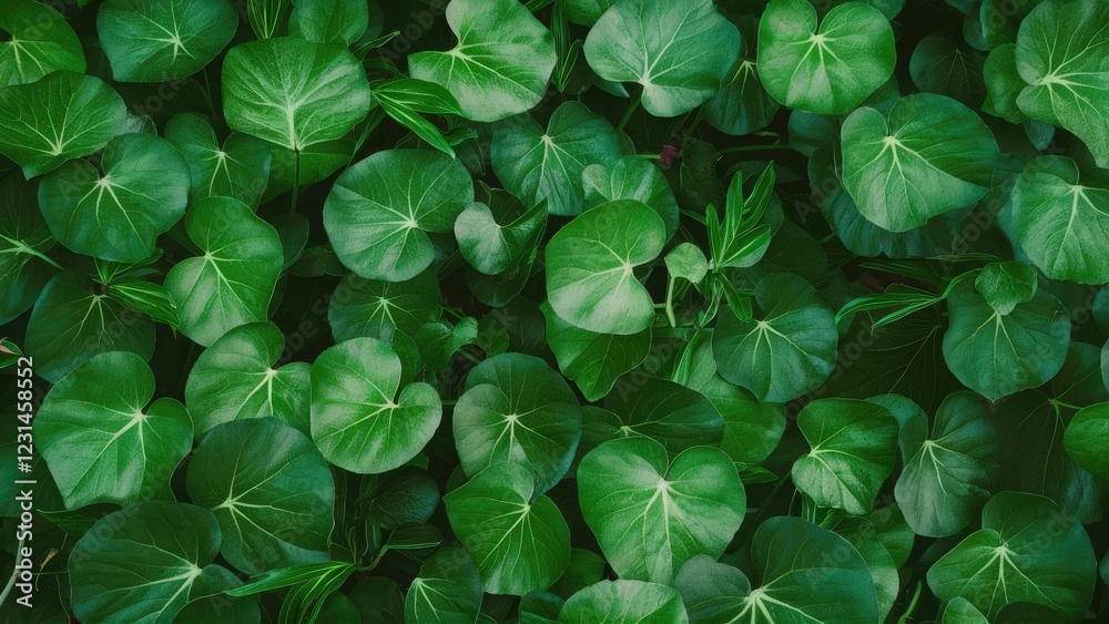 Poster Lush green leaf branches arranged in a floral pattern create a vibrant textured background with various shades of green in a top view layout