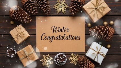Winter Congratulations greeting card surrounded by pine cones, golden snowflakes, and festive gift boxes on a dark wooden background.