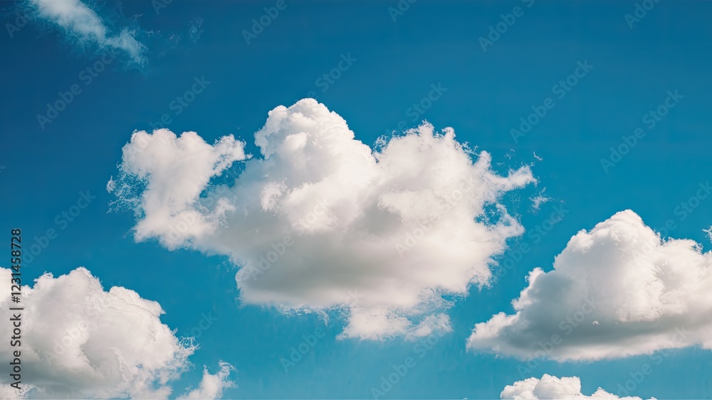 Poster serene blue sky with fluffy white clouds creating a tranquil atmosphere, clouds situated centrally a