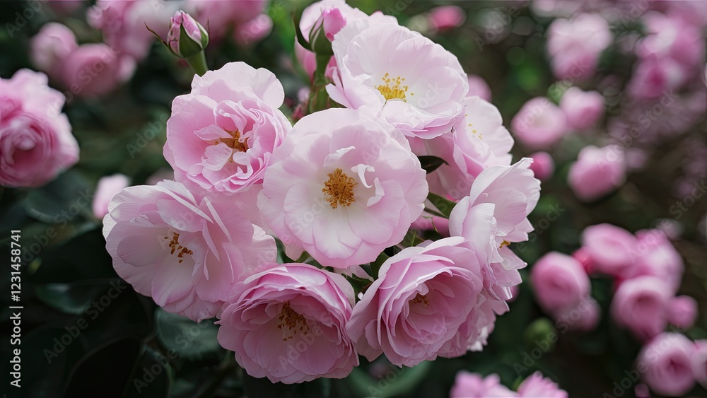 Aufkleber soft pink roses in full bloom, clustered together with green foliage in the background, creating a s